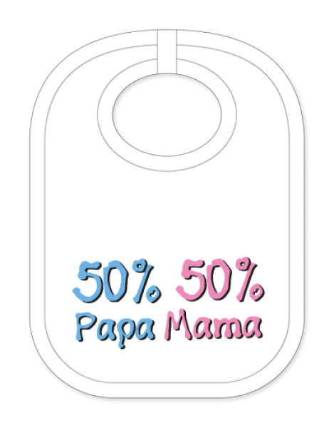 Babylätzli mit dem Spruch: 50 % Papa, 50 % Mama. Lustiger Latz für Babys und Kleinkinder. Ein tolles Geschenk für Neugeborene, für Eltern oder einfach zur Geburt, auf den Geburtstag oder zu Weihnachten. Die Lätze für Babies s