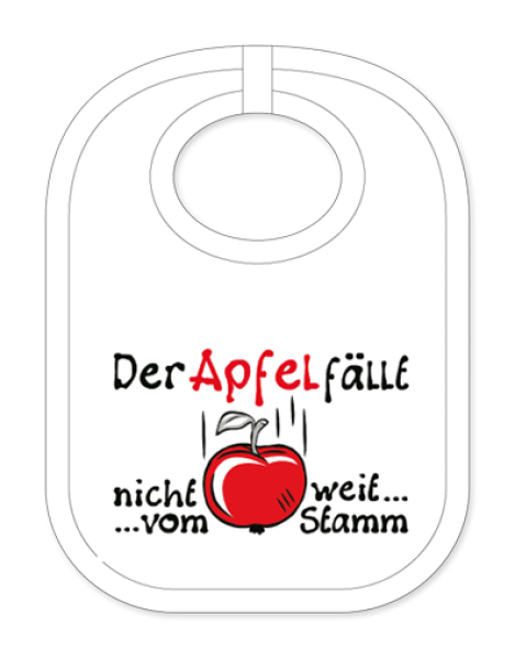 Babylätzli mit dem Spruch: Der Apfel fällt nicht weit vom Stamm. Lustiger Latz für Babys und Kleinkinder. Ein tolles Geschenk für Neugeborene, für Eltern oder einfach zur Geburt, auf den Geburtstag oder zu Weihnachten. Die Lä