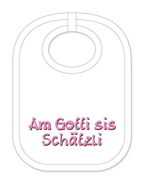 Babylätzli mit dem Spruch: Am Gotti sis Schätzli. Lustiger Latz für Babys und Kleinkinder. Ein tolles Geschenk für Neugeborene, für Eltern oder einfach zur Geburt, auf den Geburtstag oder zu Weihnachten. Die Lätze für Ba