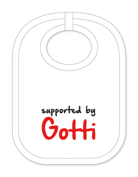 Babylätzli mit dem Spruch: Supported by Gotti. Lustiger Latz für Babys und Kleinkinder. Ein tolles Geschenk für Neugeborene, für Eltern oder einfach zur Geburt, auf den Geburtstag oder zu Weihnachten. Die Lätze für Babies sin