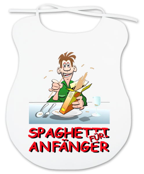 Spaghetti für Anfänger. Das Lätzchen für Erwachsene – der grosse Spaghetti Latz. Ein lustiges Geschenk für alle, die mehr oder weniger beim Essen kleckern. Aus Baumwolle. 35 x 45 cm