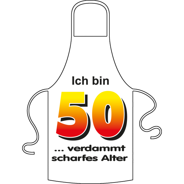 Ich bin 50. Unter der Zahl stehen verschiedene Sprüche zur Auswahl. Bitte auswählen. Geschenk für 50. Geburtstag. Kochschürze / Grillschürze aus 100% Baumwolle.