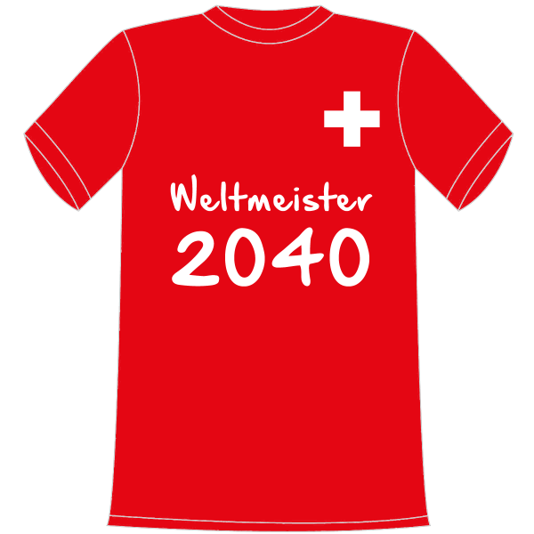 T-Shirt in Kindergrösse mit dem Spruch: Weltmeister 2040 mit Schweizer Kreuz. Ein tolles Geschenk für Mädchen und Jungen, die Schweizer Fan sind. Egal ob Fussball, Eishockey, Badminton oder ein anderer Sport. Trikot in verschiedenen Grö