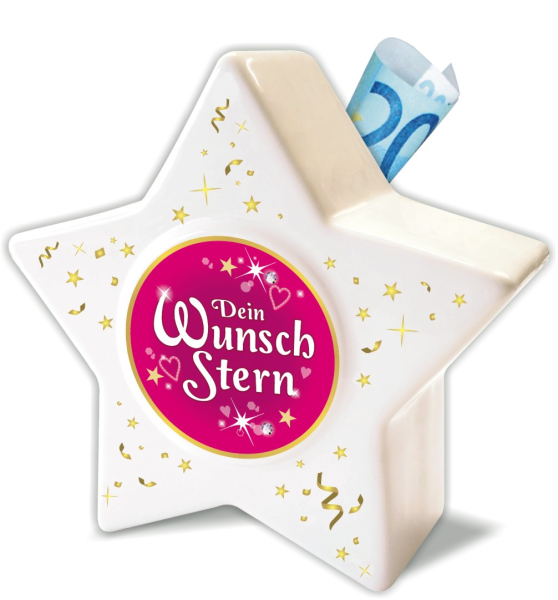 Wunschstern. Diese Spardose ist ein tolles Geschenk. Machen Sie ein schönes Geldgeschenk. Mit dem Kässeli lässt sich Geld verschenken und später auch Geld sparen. Eine Kasse für alle Fälle – und für einmal ist es kein Sparschwein, sondern ein Sparstern! E