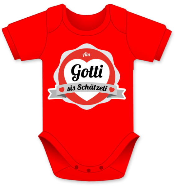 Am Gotti sis Schätzeli. Die lustigen Babybodies mit Spruch. Ein witziges Geschenk für Mädchen und Jungen, ob auf die Geburt, den Geburtstag oder zu Weihnachten. Textilien erfolgreich getestet auf Hautfreundlichkeit. Alle farbigen Babybody erhältlich in de