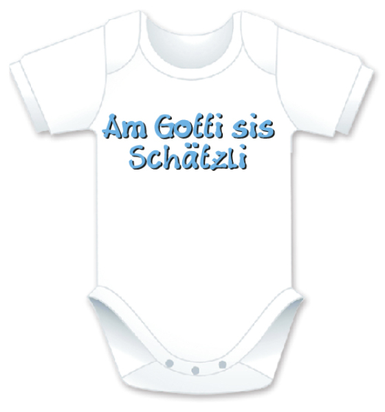 Kurzarm Babybody mit dem Spruch: Am Gotti sis Schätzli. Die grosse Show der herzigen Babybodies. Die Strampler mit den lustigen Sprüchen. Das finden nicht nur die Kleinkinder lustig, sondern vor allem auch die Erwachsenen haben an diesem Geschen