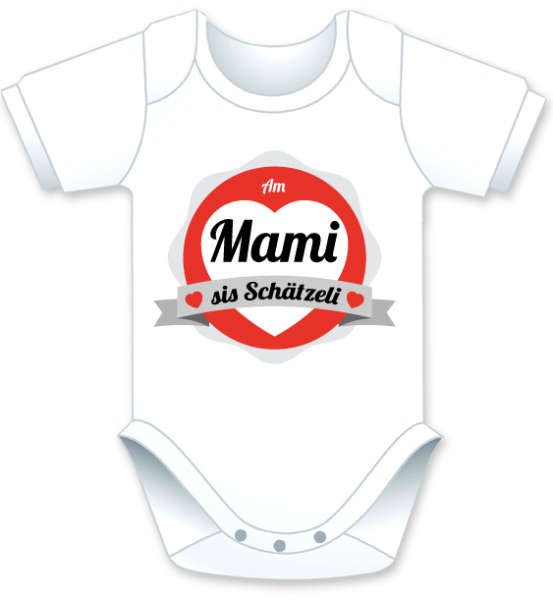 Am Mami sis Schätzeli. Die lustigen Babybodies mit Spruch. Ein witziges Geschenk für Mädchen und Jungen, ob auf die Geburt, den Geburtstag oder zu Weihnachten. Textilien erfolgreich getestet auf Hautfreundlichkeit. Alle farbigen Babybody erhältlich in den