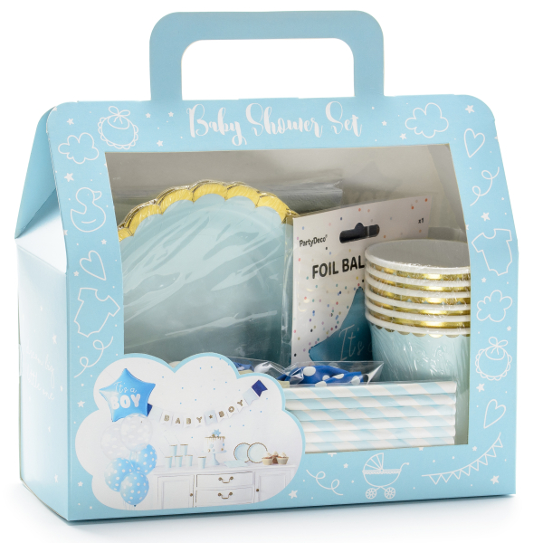 Alles für die coole Babyparty. Die Partybox mit der Dekoration für die Babyshower Party. Dekorieren sie in hellblau.  Inhalt: 1 x Girlande 1 x Folienballon Herz 5 x Gummiballone 10 x Strohhalem 20 x Servietten 6 x Partyteller 6 x Partybecher