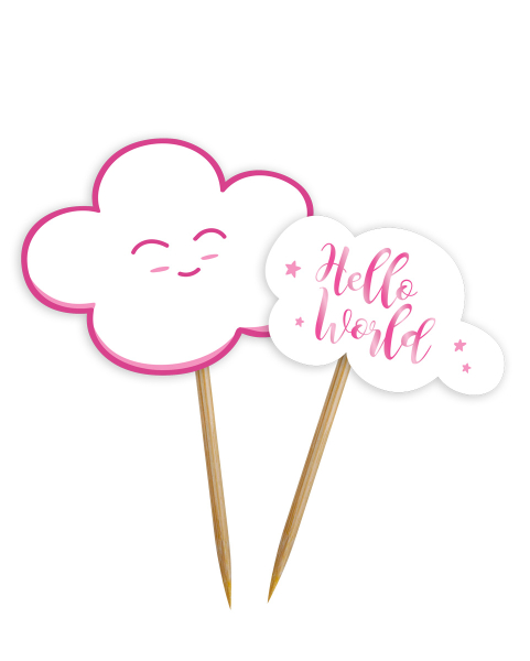 Hello World. Rosa Pickers. Eignen sich für den Apéro oder für die Tischdekoration der Babyshower Girl Party. Die Zahnstocher mit Fähnchen sind ein beliebter Artikel zur Mädchen Dekoration. Das Wolken-Design kann mit weiterer passenden Deko kombiniert werd