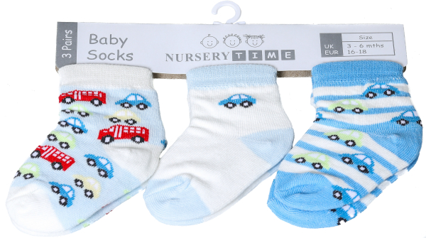 Socken für das neugeborene Baby. Die kleinen Babysöckli sind herzig und ein ideales Geschenk zur Geburt. 3 Paar Socken, unterschiedliche Designs, alle in den Farbkkombination hellblau und weiss. Die Socken sind auch ideal als Zubehör und Dekoration für Wi