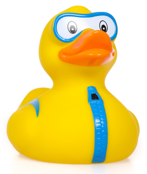 Taucher Schwimmer Badeente mit Schwimmbrille und Neopren. Nie mehr alleine baden und schwimmen. Mit dieser Quietscheente haben Sie in der Badewanne immer Gesellschaft. Schwimmt im Wasser. Die Gummiente ist ein tolles Geschenk für Erwachsene und Kinder. Au