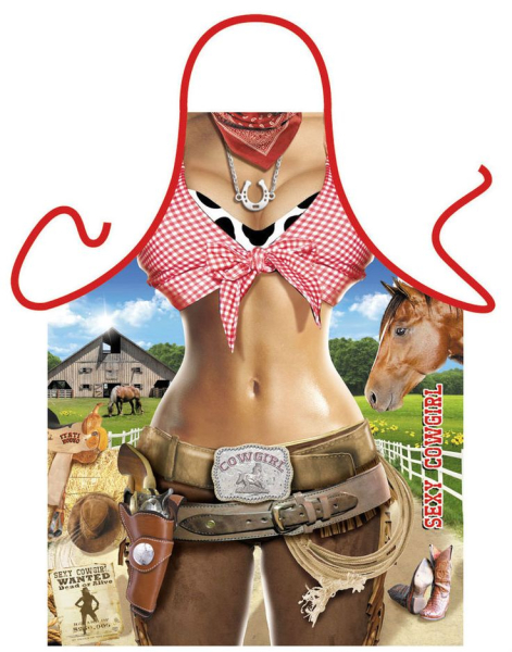 Achtung heiss. Frau als sexy Cowgirl auf der Ranch. Die lustige und sexy Kochschürze / Grillschürze. Ein Geschenk zum Geburtstag, zur Hochzeit (Braut und Bräutigam), Polterabend oder einfach als witziger Gag für die Party. Fun Schü