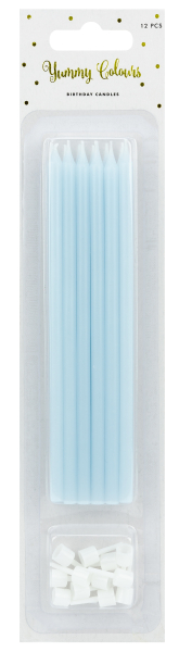 Elegante feine und schlanke Tortenkerzen in hellblau. Die modernen Geburtstags Kerzen werden mit Halter geliefert. Die Kuchenkerzen sind 14 cm hoch. 12 Kerzchen in einer Packung.