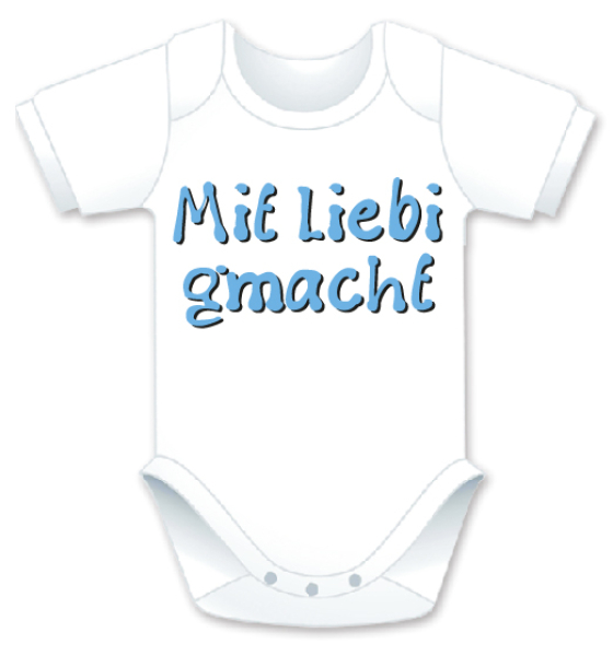 Kurzarm Babybody mit dem Spruch: Mit Liebi gmacht. Die grosse Show der herzigen Babybodies. Die Strampler mit den lustigen Sprüchen. Das finden nicht nur die Kleinkinder lustig, sondern vor allem auch die Erwachsenen haben an diesem Geschenk viel Fre