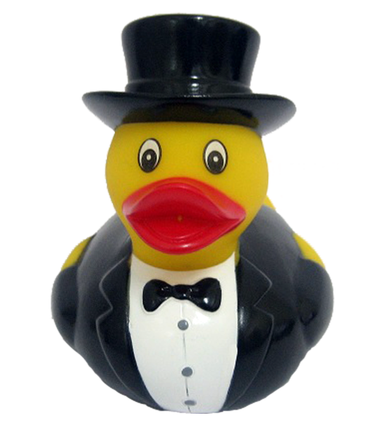 Bräutigam Hochzeit Badeente mit Zylinder. Nie mehr alleine baden und schwimmen. Mit dieser Quietscheente haben Sie in der Badewanne immer Gesellschaft. Schwimmt im Wasser. Die Gummiente ist ein tolles Geschenk für das Brautpaar zur Hochzeit. Auch als toll