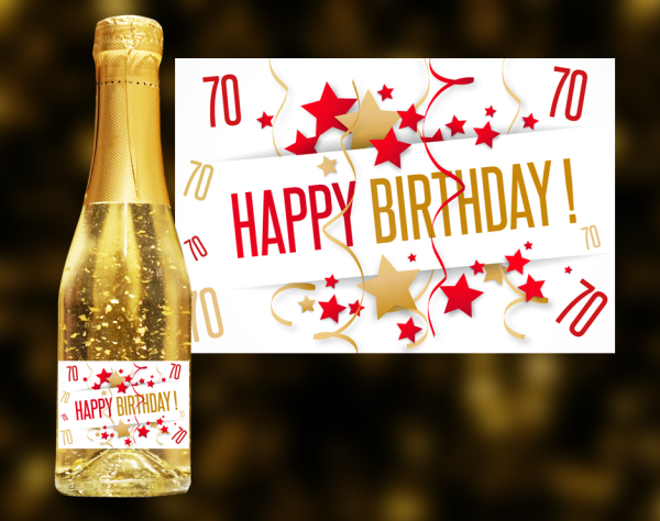 Happy Birthday, 70. Geburtstag. Der exklusive Sekt mit Blattgold.  Ein einzigartiges weinhaltiges Prosecco Getränk mit einer leichten Pfirsich-Note.  Der Goldsekt wird in Österreich produziert, komponiert aus den beiden Wein