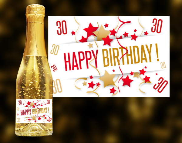 Happy Birthday, 30. Geburtstag. Der exklusive Sekt mit Blattgold.  Ein einzigartiges weinhaltiges Prosecco Getränk mit einer leichten Pfirsich-Note.  Der Goldsekt wird in Österreich produziert, komponiert aus den beiden Wein