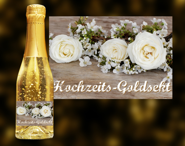 Hochzeits-Goldsekt. Der exklusive Sekt mit Blattgold.  Ein einzigartiges weinhaltiges Prosecco Getränk mit einer leichten Pfirsich-Note.  Der Goldsekt wird in Österreich produziert, komponiert aus den beiden Weinen Grün