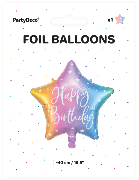 Happy Birthday Stern Ballon, ein Geburtstagsballon. Dieser Folienballon kann mit Helium / Ballongas gefüllt werden. Den Sternballon können sie aber auch mit Luft aufblasen. Dazu einfach ein Strohhalm nehmen, in die Öffnung einfahren und aufpusten. Als Ges
