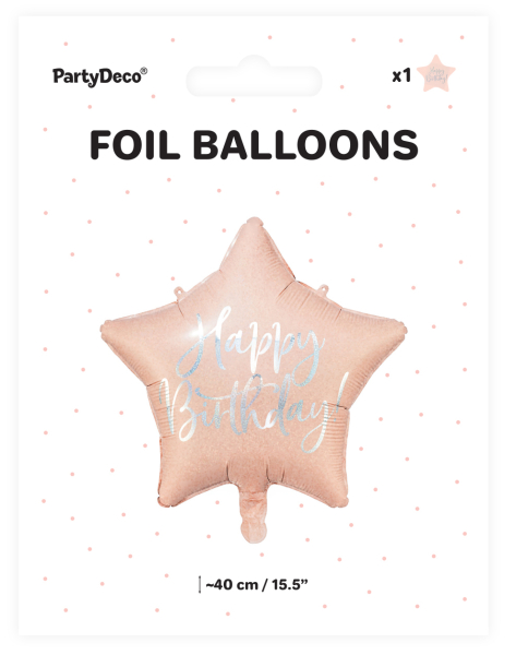 Happy Birthday Stern Ballon, ein Geburtstagsballon. Dieser Folienballon kann mit Helium / Ballongas gefüllt werden. Den Sternballon können sie aber auch mit Luft aufblasen. Dazu einfach ein Strohhalm nehmen, in die Öffnung einfahren und aufpusten. Als Ges