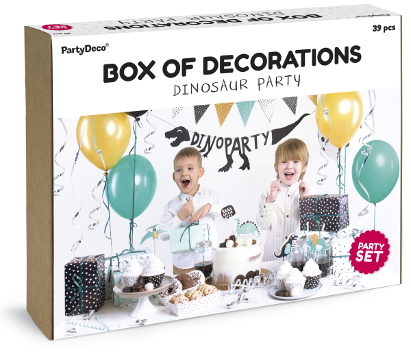 Jetzt deine Geburstag Dekoration in einer Box. Alles was du brauchst, um einen coolen Kindergeburtstag zu feiern. Das Thema lautet Dinosaurier! Alles für eine coole Geburtstagsparty. Ein Deko Set für die Kinderparty. In dieser Dekorations Box ist alles en