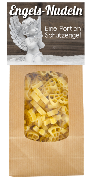 Mit dem Spruch: Engels Nudeln – eine Portion Schutzengel. Die beliebten Engel Teigwaren in einer schönen Geschenkpackung. Am Naturbeutel ist eine Etikette angebracht. Vorderseite mit Sprüchen, Rückseite mit einem feinen Pasta Rezept m