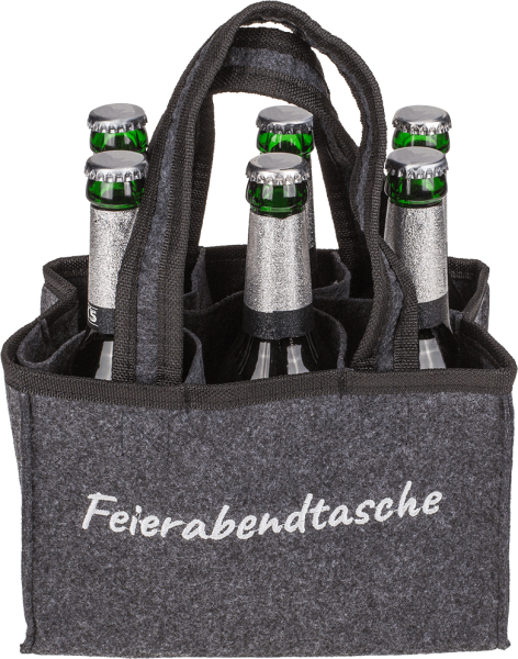 Feierabendtasche. Eine echte Männer Handtasche für Bier. Alles klar für den Feierabend. Es ist ein Sixpack Bierträger für Flaschen oder Dosen. Mann kann 6 Bierflaschen oder 6 Bierdosen in die Filztasche stellen. Optimal zum Tragen. Ein cooles Geschenk für