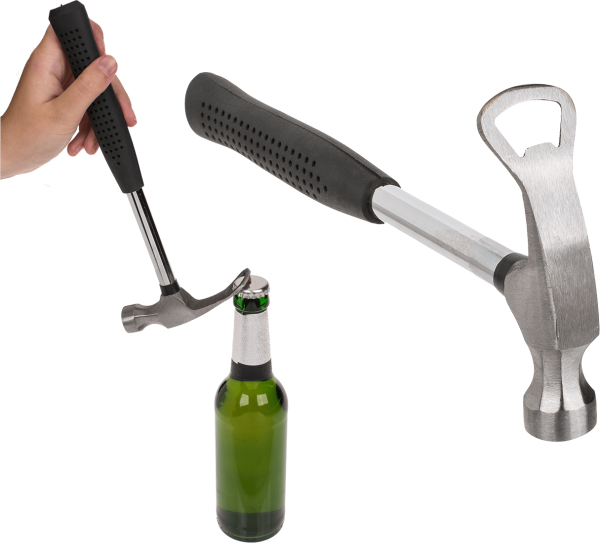 Ein echter Hammer aus Stahl, vorne mit einem Flaschenöffner. Ein lustiges Geschenk für jeden Handwerker und Heimwerker, der sich nach der Arbeit auch mal ein Bier gönnt. Der Stahlhammer ist ein richtiges Werkzeug, das auch zum Nägel einschlagen benutzt we