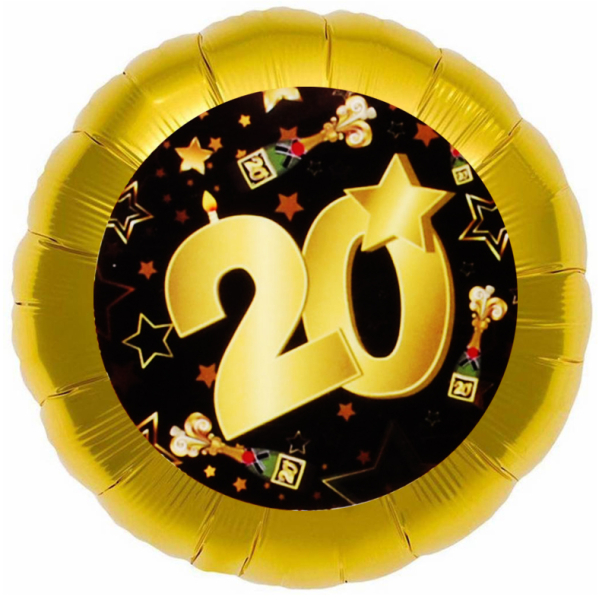 Happy Birthday zum 20. Geburtstag. Der Folien Ballon kann mit Helium gefüllt oder ganz einfach von Mund mit einem Strohhalm aufgeblasen werden. Durchmesser 45 cm. Ein tolles Geschenk zum Geburtstag oder zum Jubiläum.  Der Ballon wird OHNE Helium- oder Luf