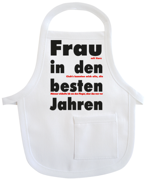 Frau in den besten Jahren. Kleine Schürze aus Baumwolle. Zum Umhängen an Flaschen oder Geschenke.