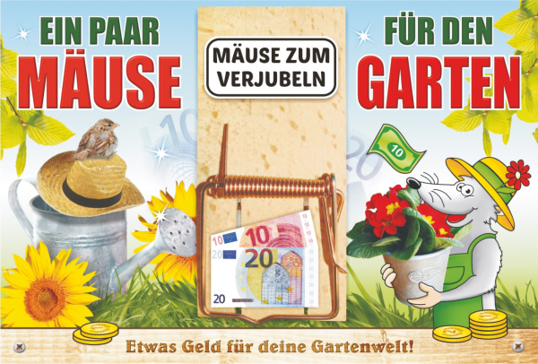 Ein paar Mäuse für den Garten. Geld für Pflanzen, Sträucher, Blumen, Gemüse. Die Mausefalle ist ein optimales Geldgeschenk. Das Nötli kann in die Mäusefalle eingeklemmt werden. Diese ist auf der Glückwunsch-Doppelkarte angebracht.