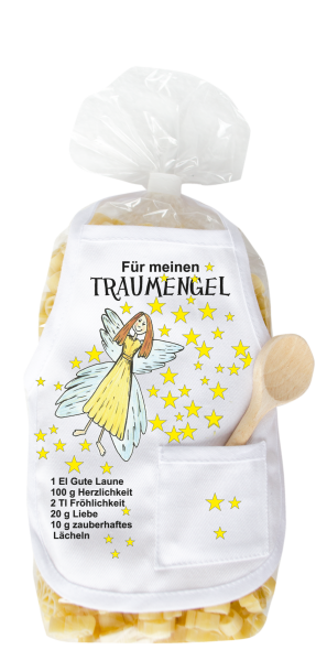 Mit dem Spruch: Für meinen Traumengel. Die beliebten und lustigen Engel Teigwaren. Als Geschenk mit einer kleinen Mini-Schürze und einem herzigen Holzlöffeli. Inklusive Rezept auf Schürzchen. Nudeln hergestellt in der Schweiz. Pasta in