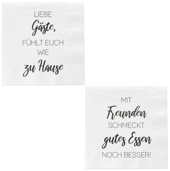 Liebe Gäste, fühlt euch wie zu Hause. ​Mit Freunden schmeckt gutes Essen noch besser!  Set mit 2 Packungen Servietten. Papierservietten für eine schöne Tischdekoration. Biologisch abbaubar. Umweltfreundlich. 3-lagig. 1 Packung enthält 20 Servietten. 33 x 