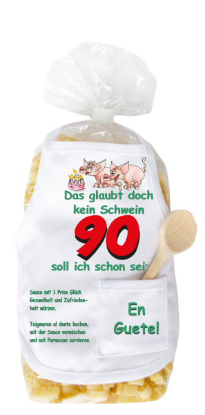 Mit dem Spruch: Das glaubt doch kein Schwein, 90 soll ich schon sein. Für den 90 Jahre Geburtstag. Die beliebten und lustigen Schwein Teigwaren. Als Geschenk mit einer kleinen Mini-Schürze und einem herzigen Holzlöffeli. Inklusive Rezept auf Schürzchen. N