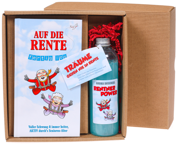 Die Geschenkbox mit dem Rentner Buch und dem Badespass. Kreatives Geschenk zur Pension, zum Ruhestand und zur Rente.  Das Bcuh für AHV Rentner mit vielen lustigen Witzen und Sprüchen. Dazu ein passendes Duschgel für Pensionäre. Ein Geschenk auch zum 65. G