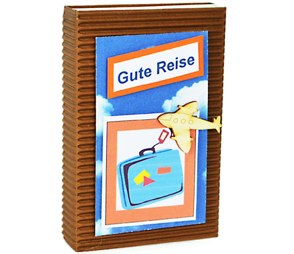 Gutscheinbox mit dem Spruch: Gute Reise. Gute Geschenksidee für Gutscheine und Geldgeschenke. Für Geburtstag, Weihnachten, Prüfungen, Reise und spezielle Wünsche. Grösse wie eine grosse Zündholzschachtel: 12 x 8 x 2 cm