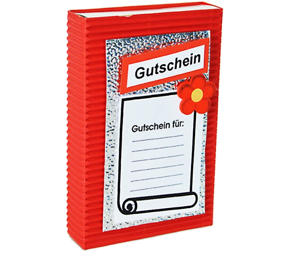 Gutscheinbox mit der Aufschrift: Gutschein für... Eine selbstgebastelte Geschenksidee für Gutscheine und Geldgeschenke. Auch ideal um Geld zu verschenken. Für Geburtstag, Weihnachten, Prüfungen, Reise und spezielle Wünsche. Grösse wie eine grosse Zündholz