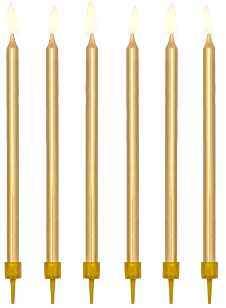 Elegante feine und schlanke Tortenkerzen in gold Die modernen Geburtstags Kerzen werden mit Halter geliefert. Die Kuchenkerzen sind 14 cm hoch und machen sich besonders gut zum Geburstag auf dem Kuchen oder der Torte. 12 Kerzchen in einer Packung.
