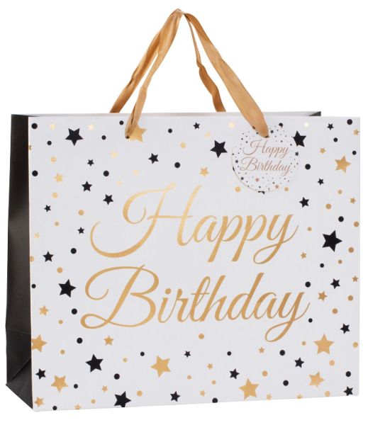 Happy Birthday in einem edlen glänzenden Design gold und schwarz. Eine Geschenktüte zum Geburtstag. Ideal als Verpackung für ein Geschenk. Damit das Geburtstagsgeschenk schön verpackt ist.  Papier: 210 gr Grösse: 31 x 26 x 12 cm