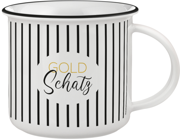 Tasse mit dem Aufdruck Goldschatz. Ein schönes Geschenk zum Valentinstag, zum Muttertag oder einfach als Liebesgeschenk für deinen Schatz. Wenn du möchtest, können wir dir diesen Keramikbecher auch mit Schokoladenherzen füllen und mit Folie und einer Masc