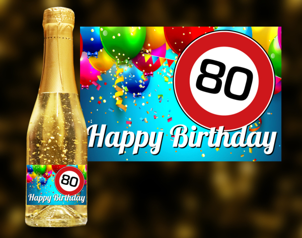 Happy Birthday, 80. Geburtstag. Ein einzigartiges weinhaltiges Getränk mit einer leichten Pfirsich-Note. Der Goldsekt wird in Österreich produziert, komponiert aus den beiden Weinen Grüner Veltliner und Welschriesling. Enthält echtes B