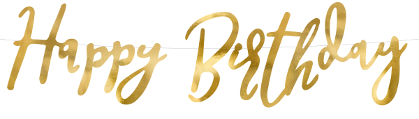 Gold Schrifzug Buchstaben Girlande zum Geburtstag. Mit dieser goldenen Banner Girlande kann jede Geburtstagparty elegant geschmückt werden. Eine Dekoration, die einfach an einer kleinen Wand oder an eine Tür gehängt werden kann. Höhe: 16,5 cm, Länge: 62 c