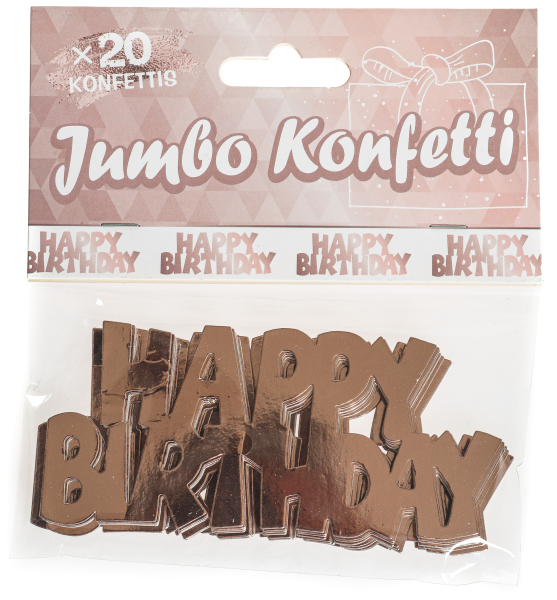 Die grossen Jumbo Konfetti mit dem Schrifzug Happy Birthday. Im Beutel hat es 20 Stück, Farbe roségold. Material ist metallisiert glänzender Karton. Die grossen Streukonfetti können als Tischdekoration, als Dekoration für ein Paket oder auch zum Basteln v