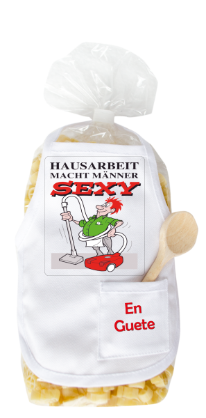 Mit dem Spruch: Hausarbeit macht Männer sexy. Die beliebten und lustigen Penis Teigwaren. Als Geschenk mit einer kleinen Mini-Schürze und einem herzigen Holzlöffeli. Nudeln hergestellt in der Schweiz. Pasta in Penisform, 400 g