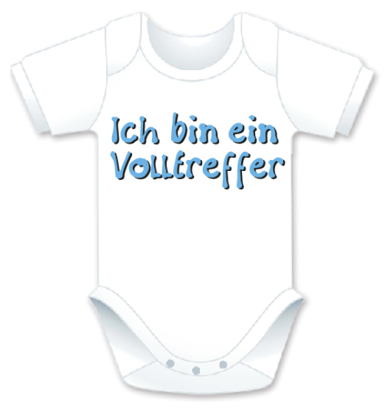 Kurzarm Babybody mit dem Spruch: Ich bin ein Volltreffer. Die grosse Show der herzigen Babybodies. Die Strampler mit den lustigen Sprüchen. Das finden nicht nur die Kleinkinder lustig, sondern vor allem auch die Erwachsenen haben an diesem Geschenk v