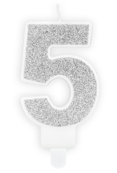 Ziffer Zahl 5. Die silberne Glitter Zahlenkerze zum Geburtstag. Eine schöne glitzernde Geburtstagskerze für auf den Kuchen oder die Torte. Die Kuchenkerzen sind alle inklusive einem Stecker. Tortenkerzen Höhe: ca. 7 cm, Farbe: silber