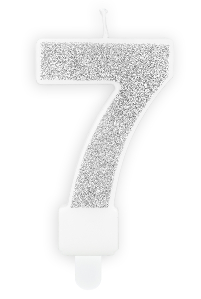 Ziffer Zahl 7. Die silberne Glitter Zahlenkerze zum Geburtstag. Eine schöne glitzernde Geburtstagskerze für auf den Kuchen oder die Torte. Die Kuchenkerzen sind alle inklusive einem Stecker. Tortenkerzen Höhe: ca. 7 cm, Farbe: silber