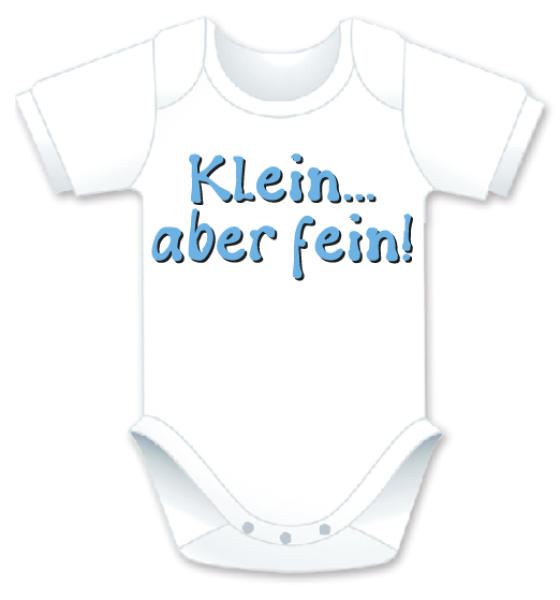 Kurzarm Babybody mit dem Spruch: Klein aber fein. Die grosse Show der herzigen Babybodies. Die Strampler mit den lustigen Sprüchen. Das finden nicht nur die Kleinkinder lustig, sondern vor allem auch die Erwachsenen haben an diesem Geschenk viel Freu