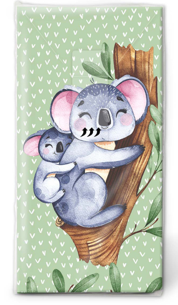 Koalas auf dem Baum. Das Koala Baby mit der Mutter. Die lustigen bedruckten Taschentücher. Ein Nastuch ist allzeit ein guter Begleiter bei laufender Nase. Wirkt nicht nur bei Schnupfen und Erkältung, sondern sorgt mit lustigen Sprüchen auch für gute Laune