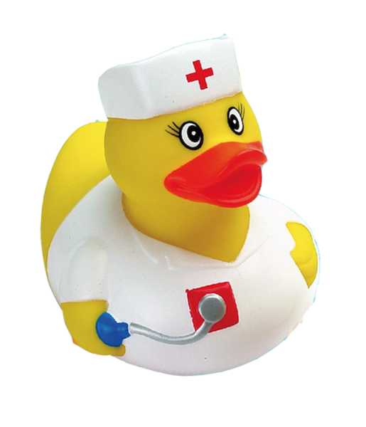 Krankenschwester Hebamme Badeente. Nie mehr alleine baden und schwimmen. Mit dieser Quietscheente haben Sie in der Badewanne immer Gesellschaft. Schwimmt im Wasser. Die Gummiente ist ein tolles Geschenk für Erwachsene und Kinder. Auch als tolle Dekoration